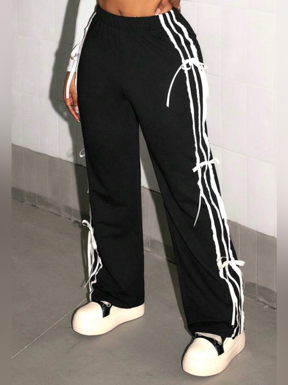 Black Track Pants with White Side Stripes and Ties